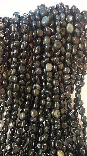 6-8mm Natural Black Obsidian Nuggets Oval Free Tumbled Pebble Semi Precious Gemstone Loose Stone Beads Approx 15.5 inch for DIY Jewelry Making - color: Black Obsidian