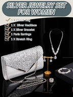 Henoyso 5 Pcs Rhinestone Jewelry Sets Prom Purse Jewelry Rhinestone Clutch Purse Bride Necklace Earrings Bracelets for Women - color: Silver