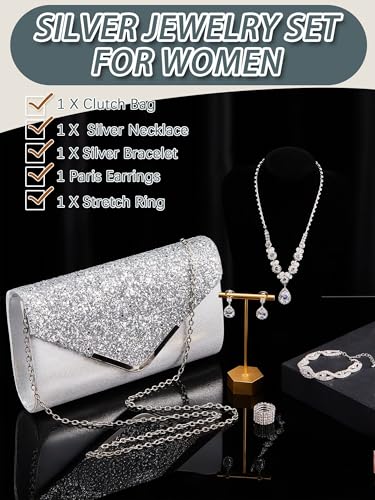 Henoyso 5 Pcs Rhinestone Jewelry Sets Prom Purse Jewelry Rhinestone Clutch Purse Bride Necklace Earrings Bracelets for Women - color: Silver