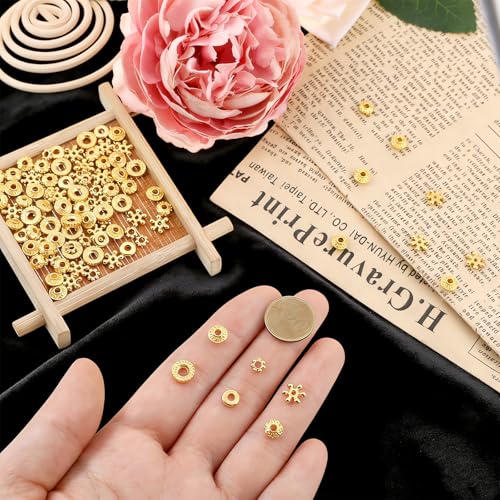 300 Pcs Gold Spacer Beads for Jewelry Making, 6 Styles Zinc Alloy Gold Beads for Bracelets Include Flower Snowflake Donut Bicone Decorative Gold Bracelet Bead for Craft DIY Necklace Earring Supplies