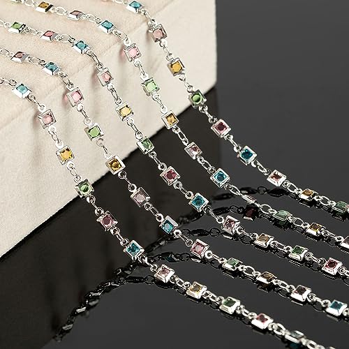 KYUNHOO 13 Feet Brass Jewelry Chain Bulk Mixed Color Rhinestones Chain for Jewelry Making with Lobster Clasps and Jump Rings Square Glass Bead Link Chain Women Necklace Anklet DIY Craft Chain - color: Square Bead-Silver