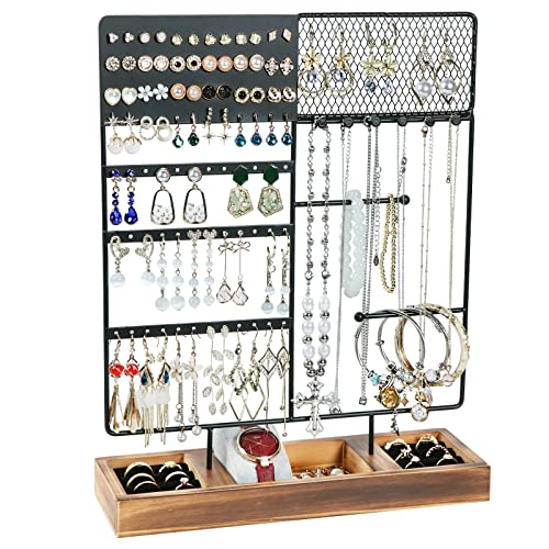 sovia Jewelry Organizer Stand,Earring Organizer with 84 Holes Ear Stud,Jewelry Organizer Holder with Wooden Tray for Earrings Necklaces Bracelets Watches and Rings,Earring Holder Organizer,Black - color: Black1
