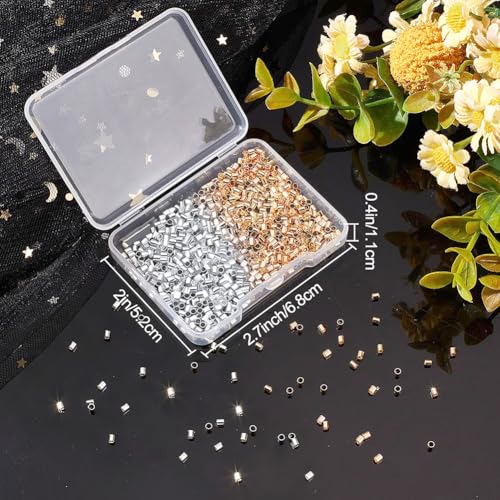 Beebeecraft 1000Pcs 2 Colors Tube Crimp Beads 18K Gold & 925 Sterling Silver Plated Brass Stopper Crimping Bead Column Positioning Beads for Jewelry Making DIY Crafts Findings, Tiny 2x2mm - color: Gold & Silver