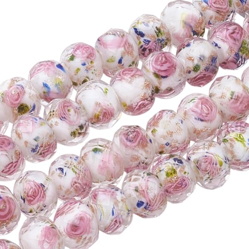 1 Box 60PCS 9-10MM Rose Lampwork Glass Beads Pink White Flower Gold Sand Handmade Rondelle Faceted Floral Round Spacer Loose Bead Bulk for Jewelry Making Spring Necklace Bracelet DIY Craft - color: White Pink, size: 60pcs