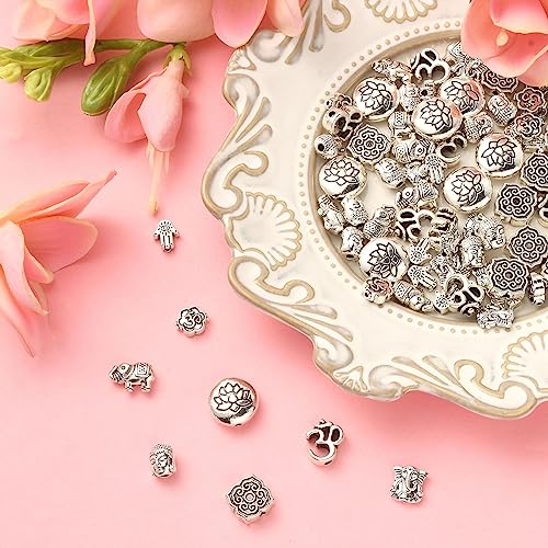 DanLingJewelry 80Pcs 8 Styles Tibetan Religious Beads Antique Silver Buddha Lotus Elephant Religious Spacer Beads for Jewelry Making Crafts - color: 80pcs - religious - 8 styles
