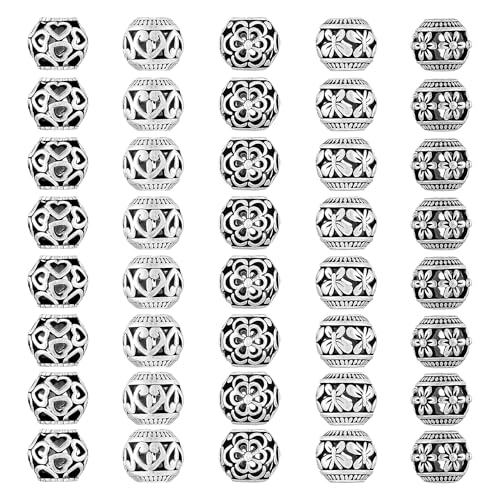 40Pcs Metal Tube Spacer Beads for Jewelry Making Necklace, Silver Large Hole Paracord Beads Bracelets Spacers Charms Loose Beads-5Style - color: 5Style*40