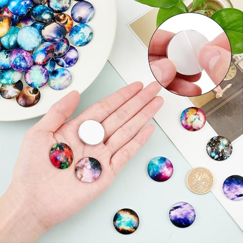 70Pcs Flat Round Transparent Glass Cabochons with Pattern Eye Flatback Glass Dome Flatback Cab Beads for Photo Cameo Jewelry Making Necklace Ring DIY Crafts 25x6mm Starry Sky - color: 70Pcs-25x6mm-Starry Sky