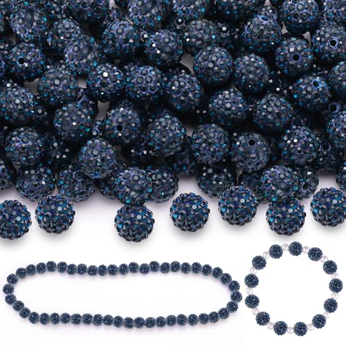 100 Pcs Blue Black Rhinestone Beads for Jewelry Making, Sparkle Crystal Clay Christmas for Bracelet Baseball Necklace Earring Crafting and DIY, Shiny Round Shamballa Disco Ball Beads Bulk - color: Blue Black, size: 100 pcs