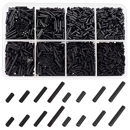arricraft 4 Sizes Glass Bugle Beads, 1980 Pcs Opaque Frosted Black Charms, Small Craft Beads with Hole Long Tube Seeds for DIY Bracelet Necklaces Crafting Jewelry Making