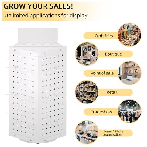 Urban Deco 360° Rotating Pegboard Display Stand with Signage, 4-Sided Spinning Peg Board Stand with 24 Hooks for Jewelry, Earring & Keychain Holder Displays for Craft Shows & Vendor Events (White) - color: White