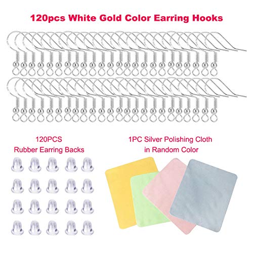 Hypoallergenic Fish Hooks Earrings - 120 PCS/60 Pairs White Gold Plated Ear Wires Fish Hooks for Jewelry Making, Jewelry Findings Parts with 120 PCS Rubber Earring Backs Stopper for DIY Earrings - color: Regular White Gold