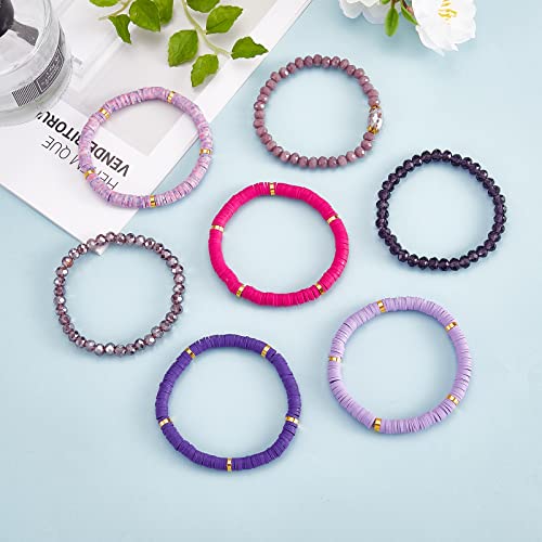 Ornaland 7Pcs Handmade Polymer Clay Heishi Surfer Stretch Bracelets Set Colorful Glass Beads Bracelets Boho Stackable Preppy Bracelets Wrist Jewelry for Women - color: Purple