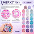 40 Pcs 20 mm Rhinestone Beads Bulk Crystal Round Disco Ball Chunky Bubblegum Beads for Pens Bracelets Charms Craft European Style Jewelry Making Supplies Christmas(Mermaid Color) - color: Mermaid Color