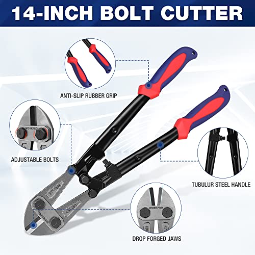WORKPRO W017004A Bolt Cutter, Bi-Material Handle with Soft Rubber Grip, 14", Red&Blue - size: 14", style: Bolt Cutter