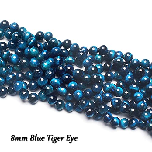 70PCS Natural 8MM Healing Gemstone, Blue Tiger’s Eye Energy Stone Round Loose Beads, Semi-Precious Crystal Beads with Free Elastic String for Jewelry Making DIY - color: Blue Tiger’s Eye