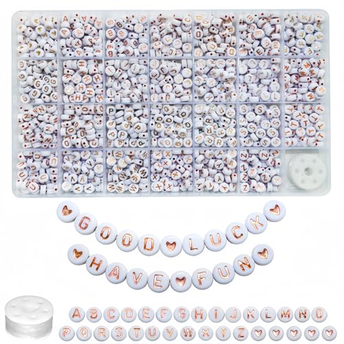 Looconi 1400pcs Rose Gold Letter Beads 4x7mm White Round Acrylic Alphabet A-Z Heart Pattern Beads and Crystal Line for Jewelry Making Bracelets Necklaces Key Chains - color: Rose Gold, size: 7x4mm