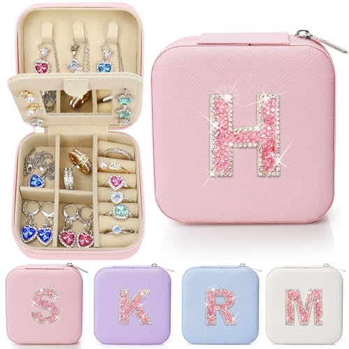 Sparkling Initial Jewelry Box Organizer,Personalized Travel Jewelry Box for Girls & Women,Glitter Rhinestone Jewelry Case Gifts for Easter, Birthday & Christmas,Small Size (Pink, H) - color: Pink, size: H
