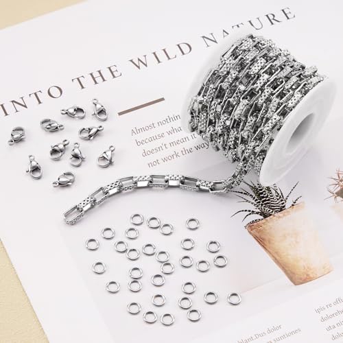 SMYHTGLIF 3 Meters Silver Stainless Steel Chain for Jewelry Making Embossed Chunky Box Chain Roll Craft Jewelry Supplies with Lobster Clasps and Jump Rings - color: Box Silver