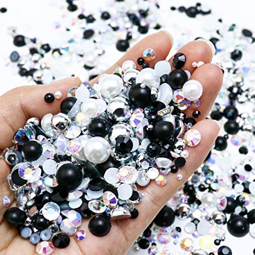 60g Flatback Pearls and Rhinestones for Crafts, Tumblers Shoes, Face Nail Art - 2mm-10mm Mix, Black|Silver|White - color: Black Diamond Blend | Mix Black | Silver | White