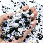 60g Flatback Pearls and Rhinestones for Crafts, Tumblers Shoes, Face Nail Art - 2mm-10mm Mix, Black|Silver|White - color: Black Diamond Blend | Mix Black | Silver | White
