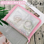 Bracelet Holder Travel Jewelry Organizer Case Transparent Jewelry Storage Book for Earring Necklace Ring with Small Clear Zippered Pouch - color: Pink,48 PCS Large Bags