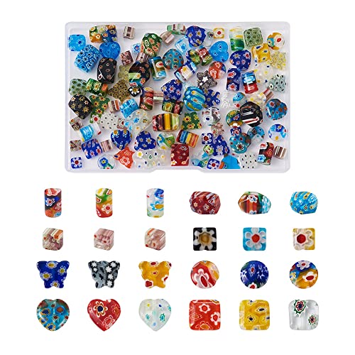 Cheriswelry 120pcs Handmade Millefiori Lampwork Beads Square Column Heart Flat Round Butterfly Glass Spacer Beads Loose Colorful Beads 6~16mm for DIY Craft Earring Bracelet Jewelry Making - color: 8 Shape-Mixed Color