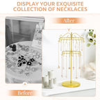 iDavosic.ly 2 Tier Rotating Necklace Holder Organizer with 42 Hooks, Adjustable Metal Bracelet Display Stand Rack, Extra Tall Keychain Spinning Tree Tower for Women, Gold - color: Gold