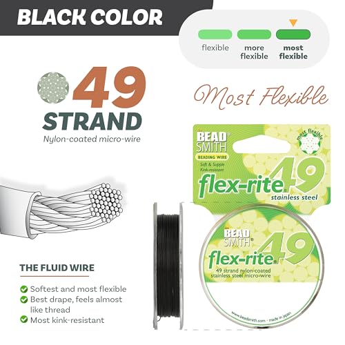 The Beadsmith Flex-Rite Beading Wire - 49-Strand Nylon-Coated Stainless-Steel Wire, 0.018" (0.45 mm) Dia, Black, 30 ft Spool, Durable Necklace & Bracelet String, for Jewelry Making Supplies - color: Black, size: .018” Dia - 30 Ft