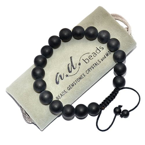 AD Beads Natural 10mm Gemstone Bracelets Healing Power Crystal Macrame Adjustable 7-9 Inch - color: Matte Black Onyx