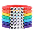 Rainbow Heishi Surfer Bracelets Set for Women Stackable Clay Beaded Bracelets Disc Stretch Preppy Bracelets Layering Colorful Friendship Bracelets Team Cheer Bulk Boho Summer Beach Jewelry Gift - style: MAMA