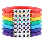 Rainbow Heishi Surfer Bracelets Set for Women Stackable Clay Beaded Bracelets Disc Stretch Preppy Bracelets Layering Colorful Friendship Bracelets Team Cheer Bulk Boho Summer Beach Jewelry Gift - style: MAMA