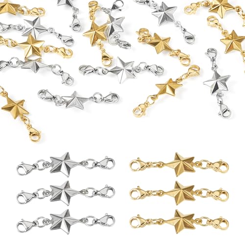 16Pcs 304 Stainless Steel Double Lobster Claw Clasps with Star Charms, Necklace Bracelet Extension Clasp Closures Jewelry Connector 2 Colors for Jewelry Making Findings - color: Golden & Stainless Steel Color, Star
