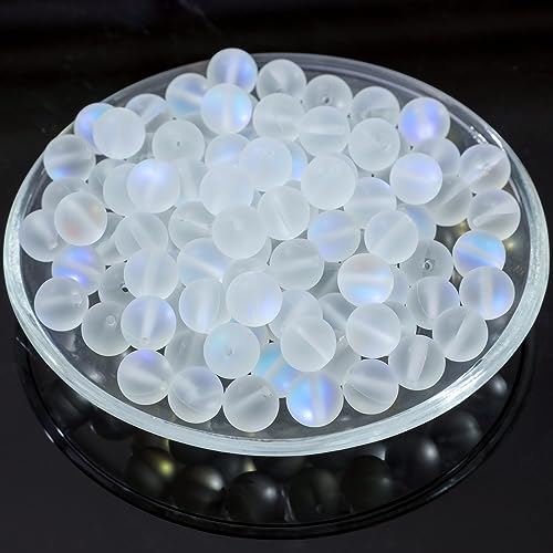 100Pcs Moonstone Matte Iridescent Glass Beads Aurora Frosted Glitter Beads for Bracelets DIY Jewelry Making (8MM, Matte White) - color: Matte White, size: 8MM