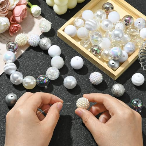 Ipotkitt 50 Pcs 20mm Acrylic Bubblegum Beads Round Spacer Loose Beads White Theme Disco Ball Chunky Rhinestone Beads for Pen Bag Chain Jewelry Making - color: 50pcs-White Bubblegum Beads-20mm