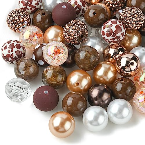 Ipotkitt 50 Pcs/Set Coconut Brown Leopard Print Beads Bracelet Bead Kit with Chain Clasp Candy Color Acrylic Round Spacer Beads for Jewelry Making - color: 50pcs/set-Leopard Print Beads Kit-19~20mm