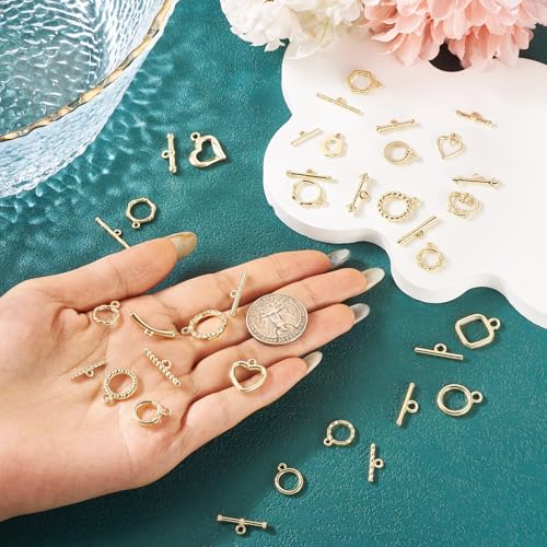 38Pcs Golden Toggle Clasp, 19 Styles Bracelet Closure Clasps IQ Toggle Clasps Oval Flower Heart Clasp Fastener Hook Toggle Connectors for Necklace Bracelet Jewelry Making - color: Golden-19 Styles