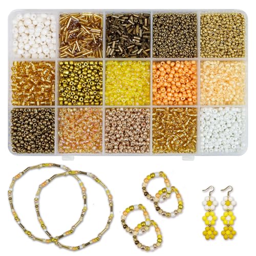 Wulitaotao 15 Color Glass Seed and Tube Bugle Beads Kit, Seed Bead Kit, for Jewelry Making Necklace Bracelet Craft,DIY Kit,Mixed Size (Mix 15 Color, Gold) - color: Gold