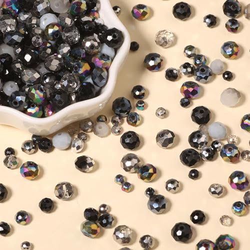 Songxi 1000pcs 4mm/6mm/8mm Black Glass Beads for Jewelry Making, 10 Style 3 Size Crystal Beads for Bracelets Jewelry Making, Spacer Beads for Keychain Making Necklace Earring DIY Arts and Crafts - color: Black, size: 4mm/6mm/8mm