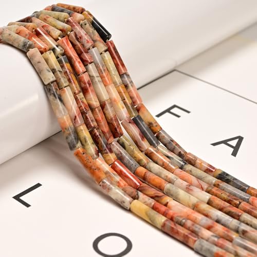 29 Pcs 4x13mm Healing Natural Yellow Crazy Lace Agate Stone Bead Cylinder Tube Beads for Friendship Bracelets Jewelry Making Keychain DIY - color: Yellow Crazy Lace Agate, size: 4x13mm