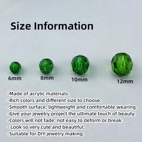 850pcs Acrylic Round Faceted Beads 6mm 8mm 10mm 12mm Faceted Round Spacer Beads for Bracelets Necklace Earring DIY Jewelry Making Craft(Dark Green) - color: Dark Green