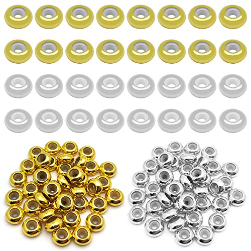 80pcs 8mm Stopper Beads Brass Flat Round Rondelle Spacer Beads Adjustable Slider Clasps Round Beads Insert Rubber Crimp Stopper Beads for DIY Bracelet Necklace Jewelry Making(2mm Hole,2Colors) - color: Gold,silver