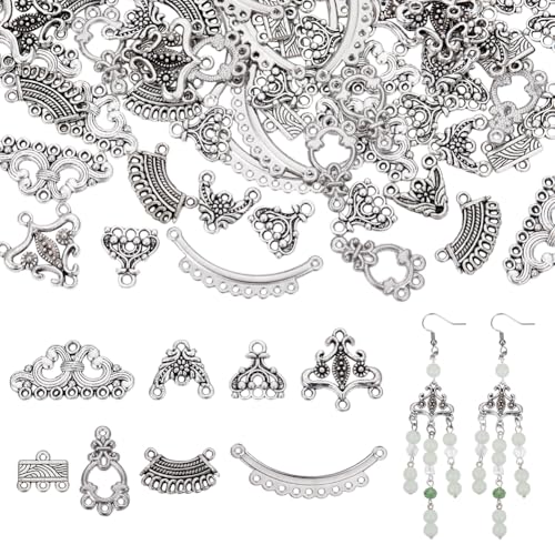 AHANDMAKER 100Pcs Chandelier Connectors 8 Styles Tibetan Antique Silver Dangle Chandelier Component Links Teardrop Fan Rhombus Connector Charms for Jewelry Making Supplies DIY Necklace Earrings