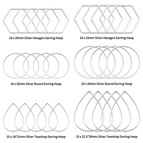 60pcs Hoop Earrings for Jewelry Making,Earring Finding Hoop Hypoallergenic Teardrop Hexagon Round Earrings Hoops Open Bezel Pendant Frame for DIY Earring Making Supplies(Silver,3Shapes) - color: 60PCS;Teardrop,Hexagon,Round;Silver