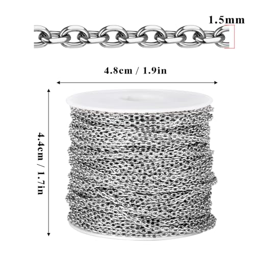 66 Feet Stainless Steel Rolo Cable Chain Bulk, 1.5mm 304 Stainless Steel Diamond-Cut Oval Rolo Cable Link Chains Roll Spool for Jewelry Making - color: Stainless Steel, size: 1.5mm width
