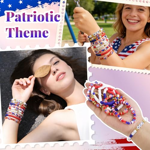 YXFEIR 2480pcs Clay Beads & Charms Jewelry Making Kit, 4th of July White Red Blue Beads Bracelet with Clay Beads Glass Seed Beads, Patriotic-Themed Bracelet Making Kit with Letter Beads and Charms