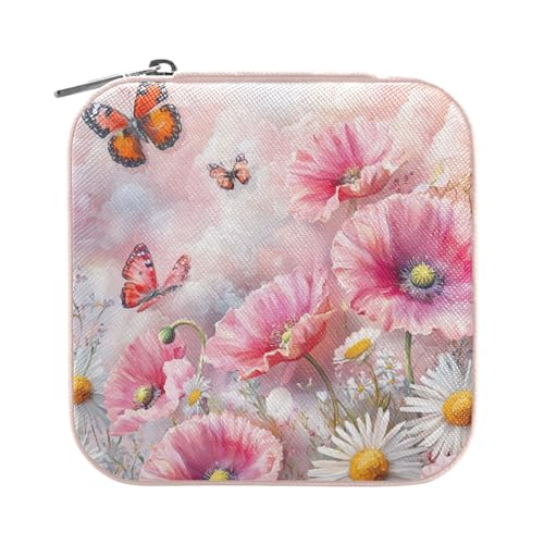 Travel Jewelry Case Jewelry Box Organizer for Women Girls Man Small Mini Portable Jewelry Storage Box for Earring Ring Necklace Pink Poppies and Butterflies Pink - color: Pink Poppies and Butterflies