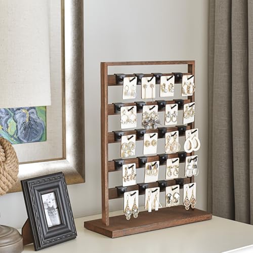 Ikee Design 5 Tiers Free Assemble Wooden Jewelry Display Rack with 20 Removable Metal Hooks,Earring Card Display Stand,Jewelry Organizer,Bracelet Organizer,Keychain Display Stand,Brown Color - color: 2) Brown