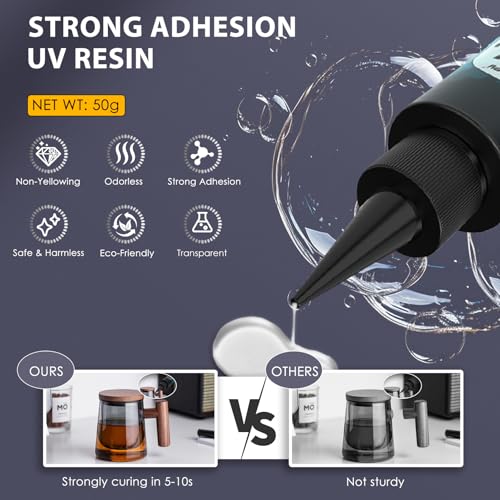 Akisey UV Resin Kit with Light, 50g UV Resin with Rechargeable 395NM UV Flashlight, Fast Curing in Seconds, UV Glue Adhesive for Bonding Jewelry, Plastic, Glass & Acrylic Repair Kit with Mat, Gloves - size: 50g