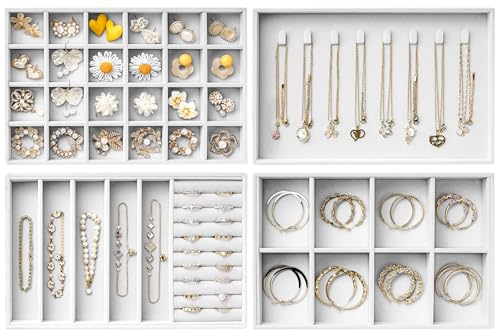 Velvet Jewelry Drawer Organizer Trays – Large White Stackable Jewelry Storage Inserts Set, 4-Layer Jewelry Tray Set for Earrings, Rings, Necklaces, Bracelets with Removable Dividers for Dresser,Vanity - color: White, size: Expanded (Magazine Size)