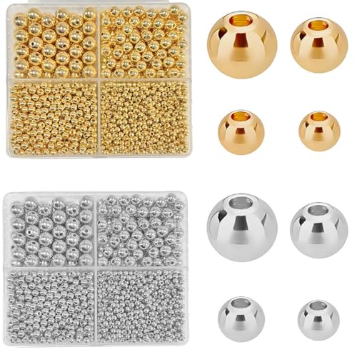 3360pcs Gold & Silver Round Spacer Beads 3/4/6/8mm 4 Size Smooth Ball Beads for Jewelry Making Metal Circle Bead for Bracelet Necklace Earring Making Supply - color: Gold+silver